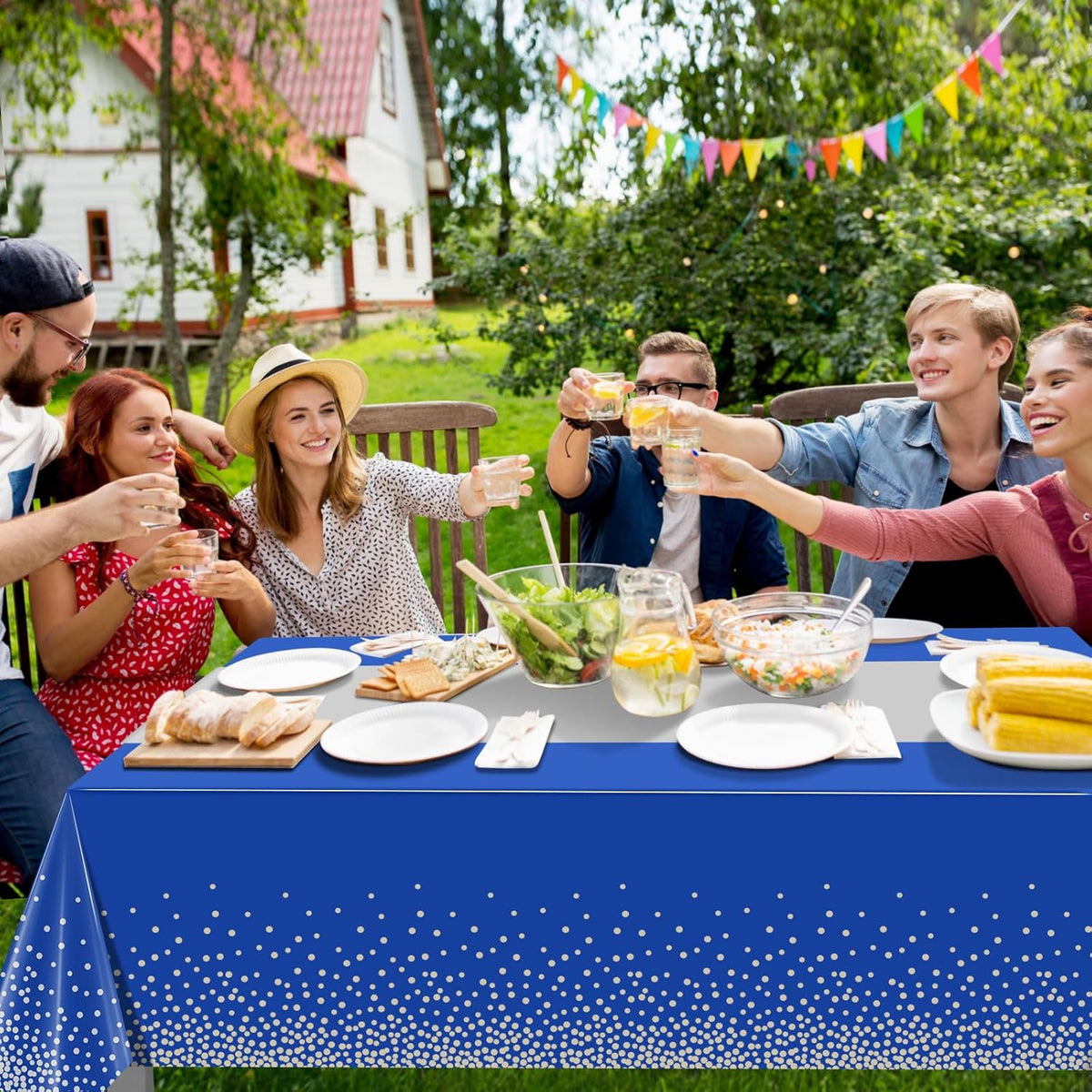 1Pcs Blue Silver Tablecloth Party Decorations,Plastic Royal Blue Table Cloth Printed Silver Table Runner Disposable Rectangle Tables Cover for Anniversary Wedding Graduation 2024 Party,54 x108 Inch