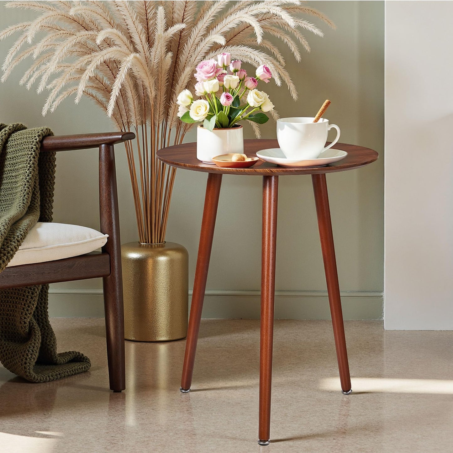 VECELO Round Side Table, Small End Table for Indoor Outdoor, Wooden Bedside Table with Non-Slip Foot Pads, 3-Legged Nightstand for Living Room Bedroom Bathroom, 20" x 20" x 23.8",Rustic Walnut