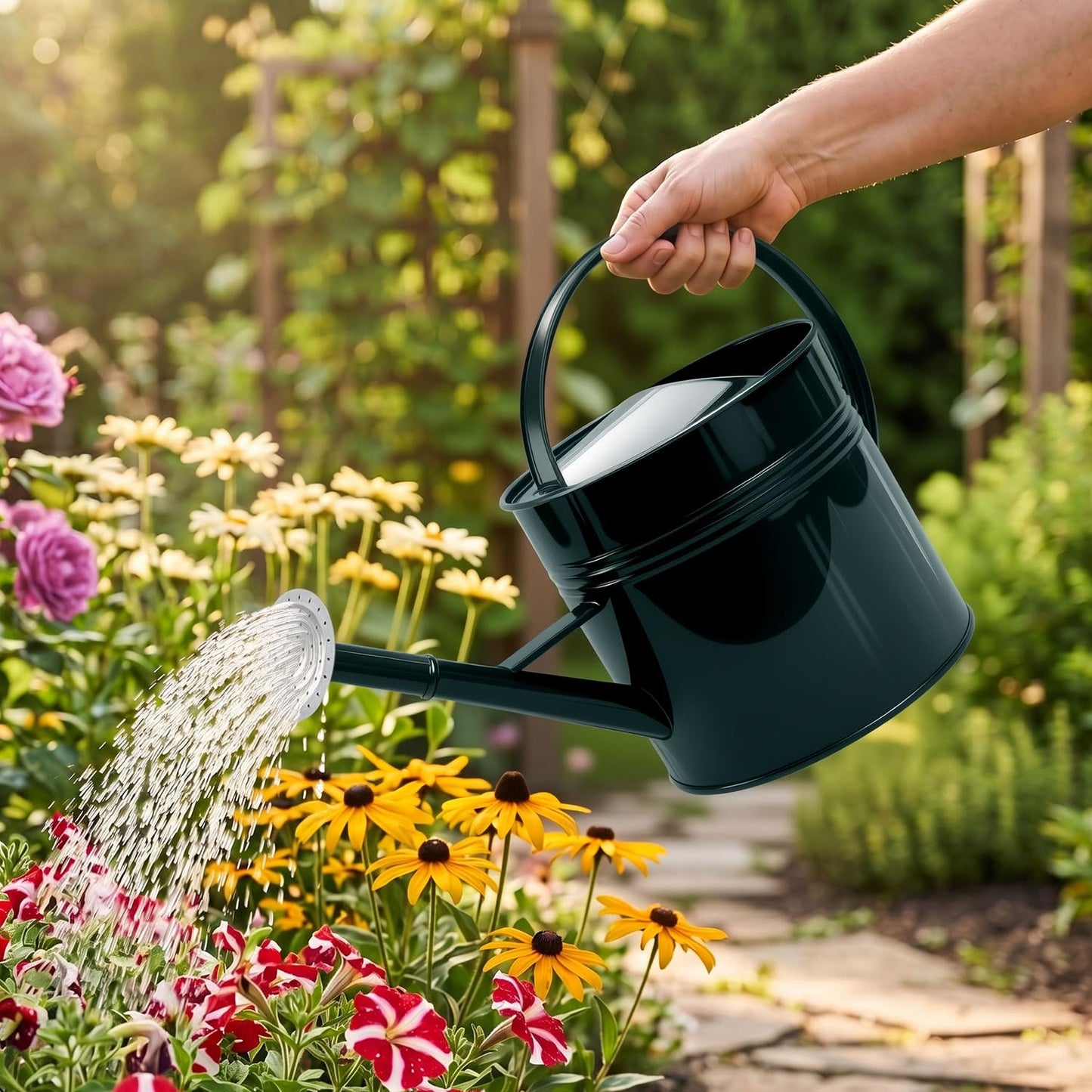 LONGRUN 2.5 Gallon Dark Green Metal Watering Can Primary Colors Nozzle for Plants and Garden with Removable Spout, Made of Galvanized Iron