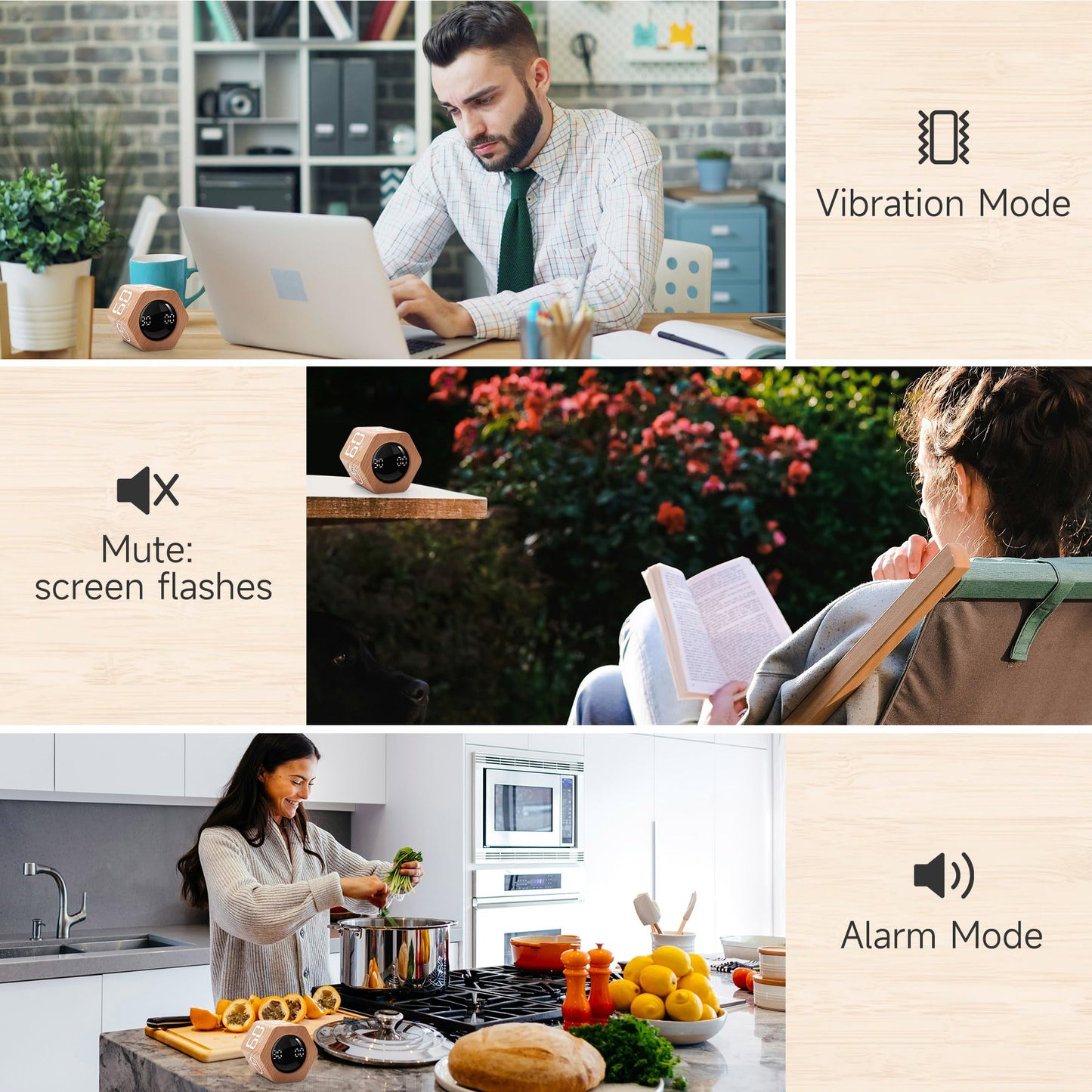 Exlliy Productivity Timer 1, 5, 10, 30, 60 Minutes Preset, Desk Cube Timer with Gravity Sensor/Mute/Vibration for ADHD, Work, Study, Kitchen, Back to School (Wood Grain)