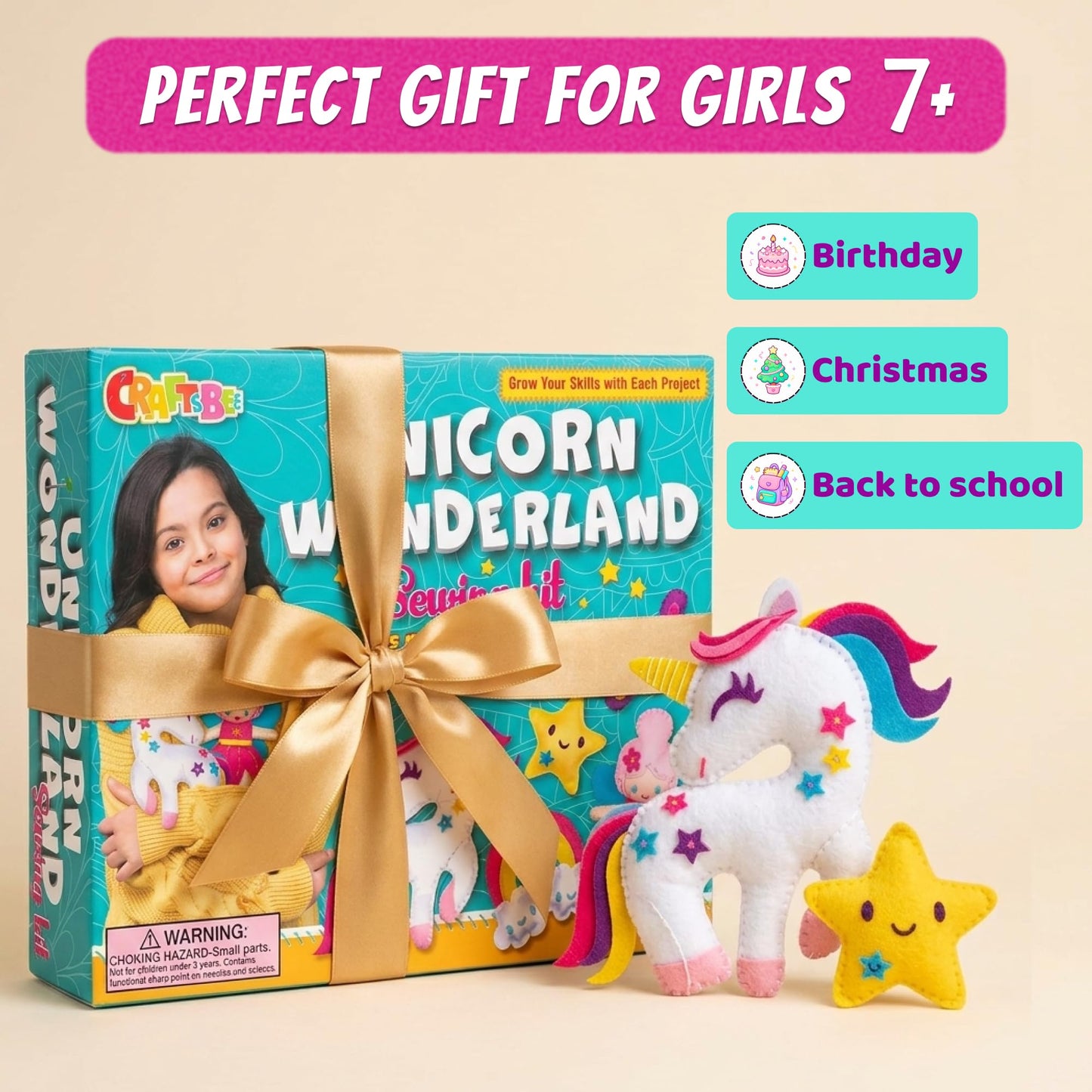 CRAFTSBEE Unicorn Sewing Kit for Kids Ages 7-12 β 5 Large Felt Stuffed Animals, 3 Skill Levels β Beginner Arts and Crafts, Birthday Gift for Girls