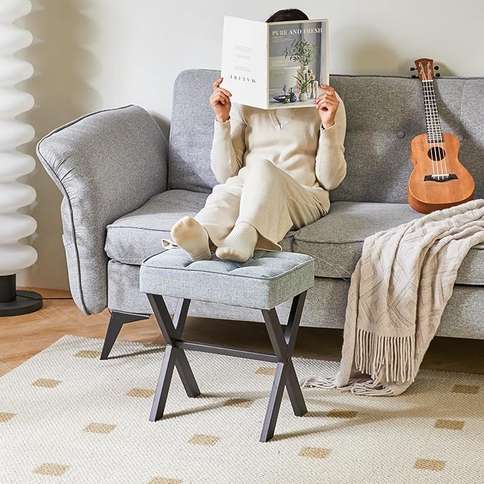 IBUYKE Square Makeup Stool with X-Leg Foot Rest, Linen Footrest, Ottoman Seat, Multi-Use as Small Side Table, for Bedroom, Living Room, Blue Gray LG-70L