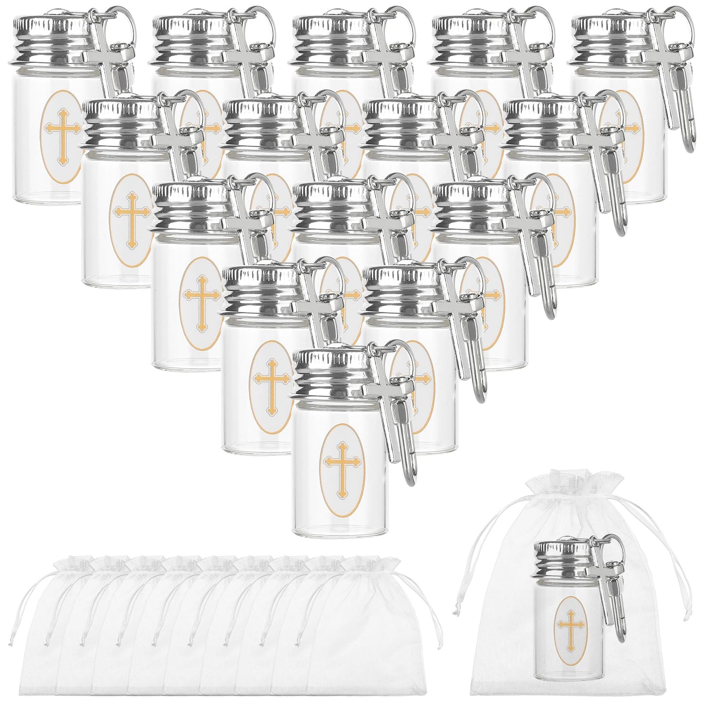 HCEWSBFD 36Sets Holy water Bottles Catholic Clear Holy water Container 7ml Agua Bendita with Holy Water Keychain Vial Crucifix and Sticker for Christian First Communion Gift Church Wedding Baptism