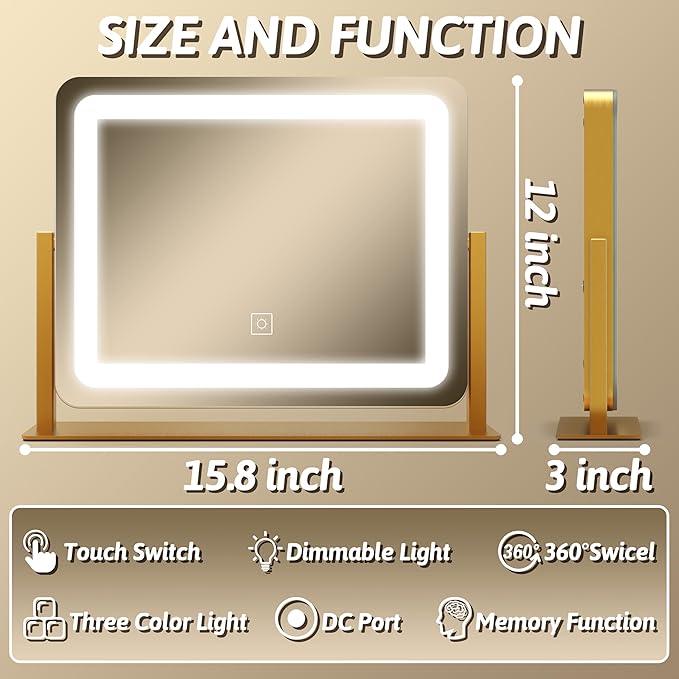 FENNIO Vanity Mirror with Lights, 12" x 16" Lighted Makeup Mirror with Smart Touch Control, 3 Color Modes & Brightness Adjustable, LED Makeup Mirror with 10X Magnification, 360° Rotation (Gold