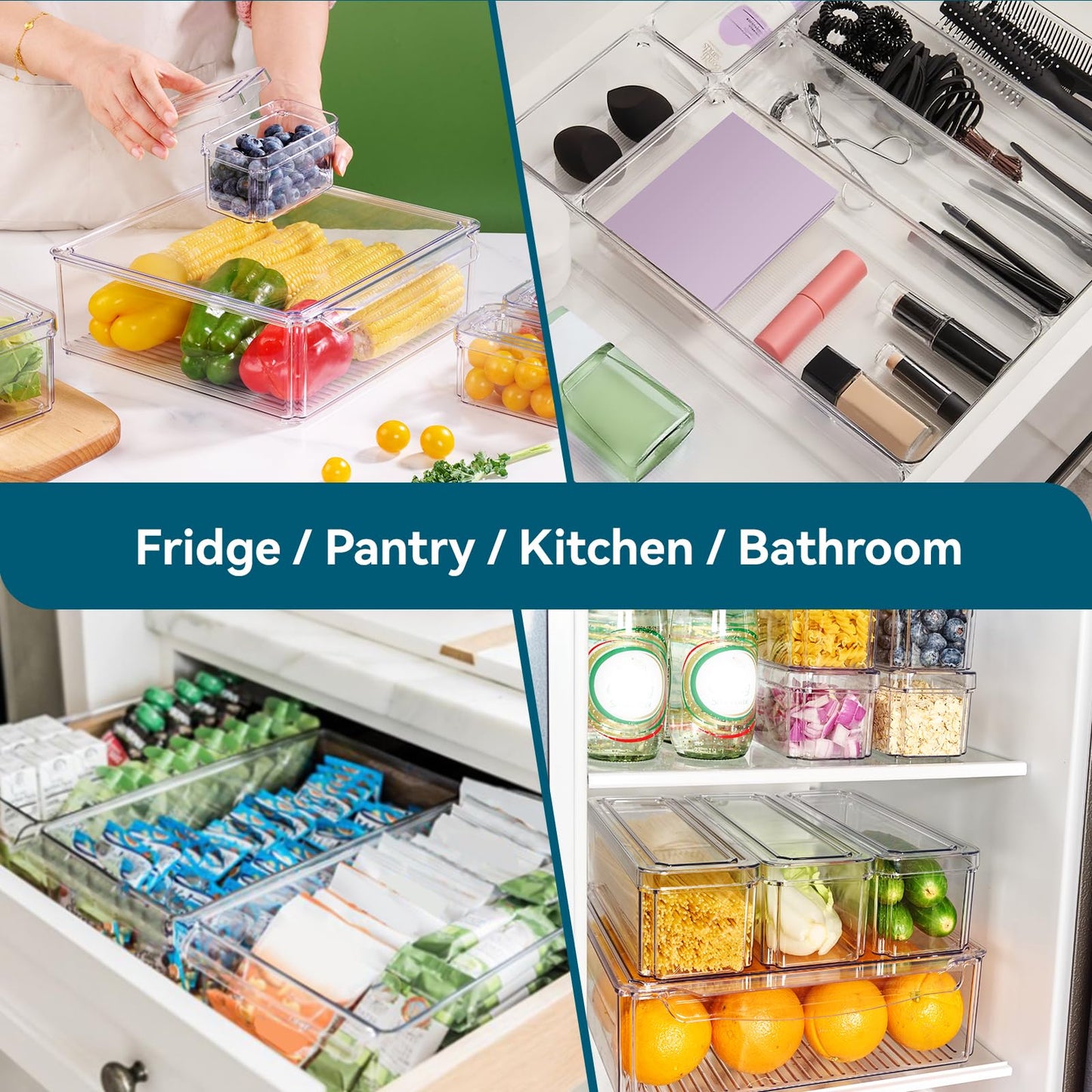 Luckore 10 Pack Clear Fridge Organizer, Stackable Refrigerator Organizer Bins with Lids, Fridge Storage Containers for Kitchen, Food, Cabinets, Fruits, Vegetables, Cereals