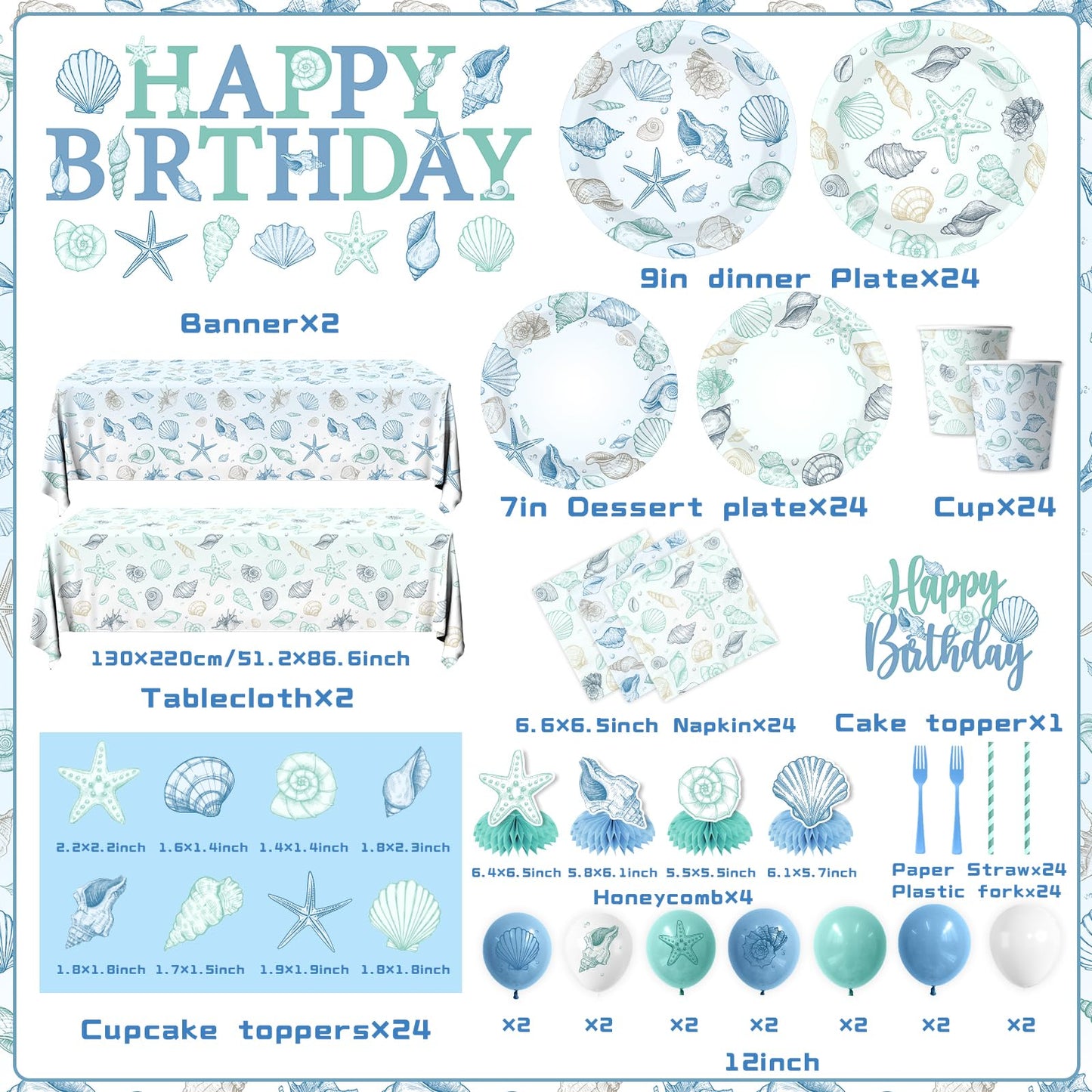 Seashell Birthday Decorations,190pcs Beach Party Supplies Coastal Party Decorations Plates and Napkins Cups Tablecloths,Cake Topper,Balloon for Ocean Theme Birthday Decorations,Serves 24