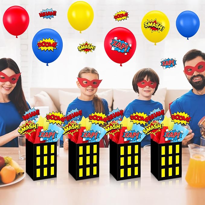 12 Sets Hero Theme Party Decoration Hero Boxes Centerpiece (7.9 x 5.1 x 5.1 Inch) Sticks with Tissue Paper Standing Cards Birthday Baby Shower Party Supplies (Yellow)