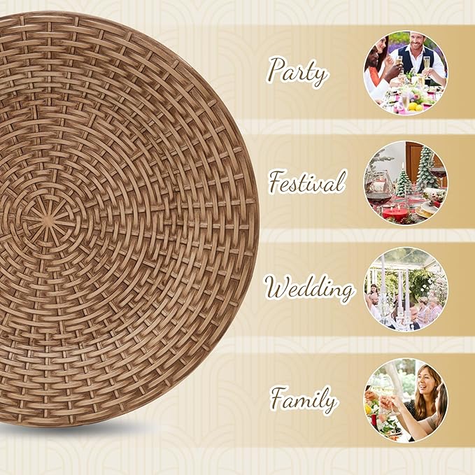 MAONAME Faux Rattan Charger Plates Set of 6, Table Chargers for Dinner Plates, 13" Round Brown Plate Chargers, Plastic Charger for Table Setting, Wedding Decor