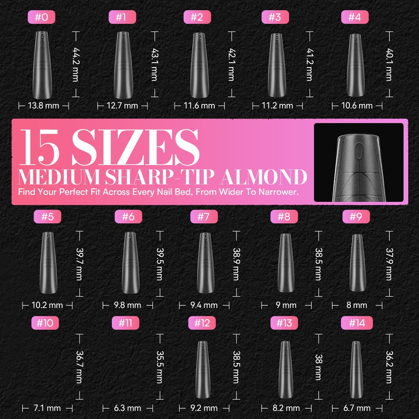 Makartt Long Almond & XL Tapered Square Nail Tips with Built-In Shaping Guides: 2 Shapes in 1 Box-15 Sizes, Pre-Etched Matte Inside False Nails for Nail Extension DIY, Salon Manicure Supplies 420pcs