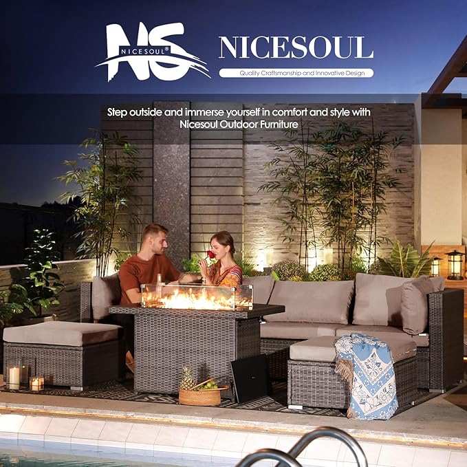 NICESOUL 9 Piece Outdoor Patio Sofa Set with Fireplace Natural Gas/Propane, 29.3'' High Back Comfy Sectional, Oversized Deep Seating Wicker Conversation, XL Big Outside Furniture for Backyard, Gray