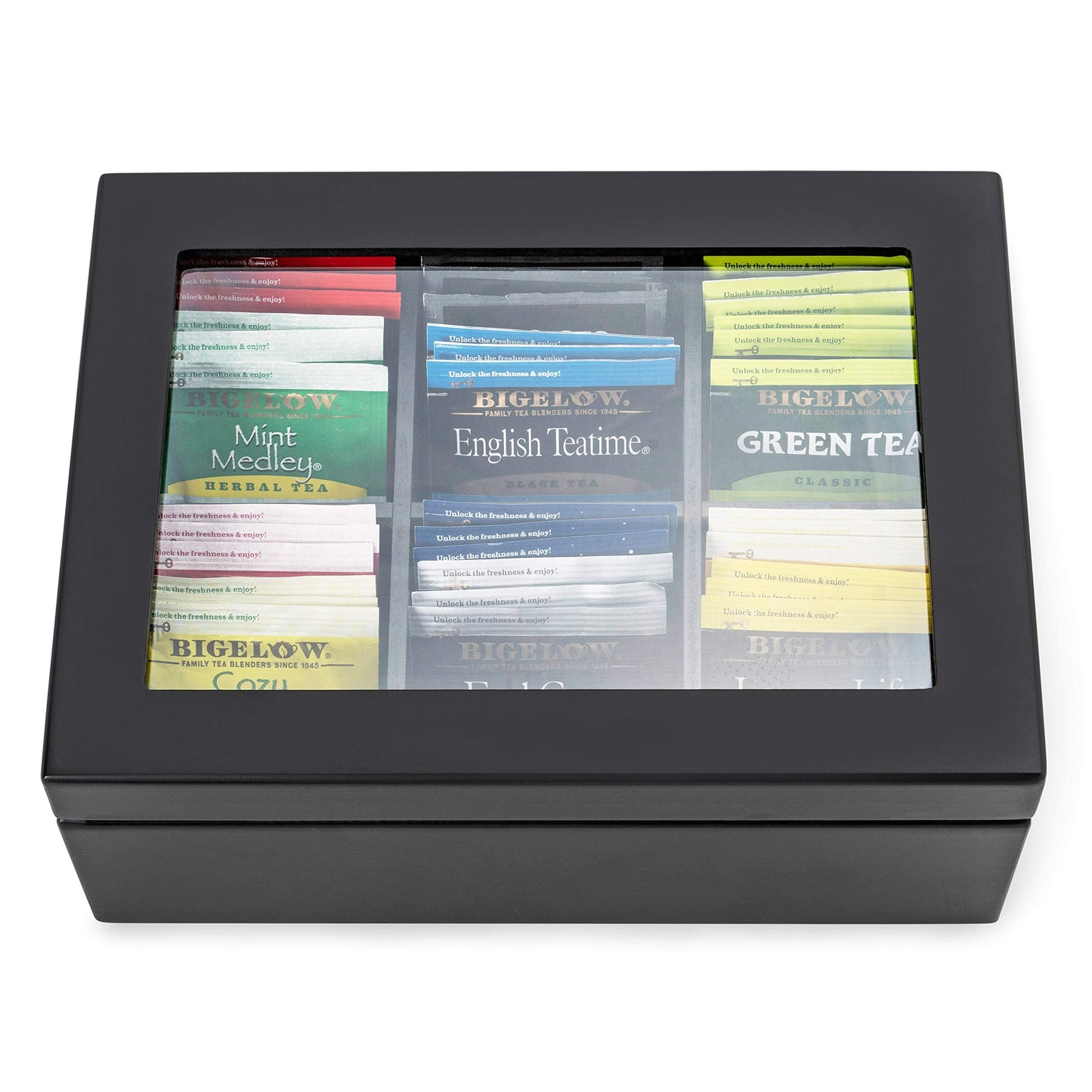 Break Tradition Wooden Tea Organizer For Tea Bags - 6 Compartments, Clear Top Window, Lid Stays Open (Black)