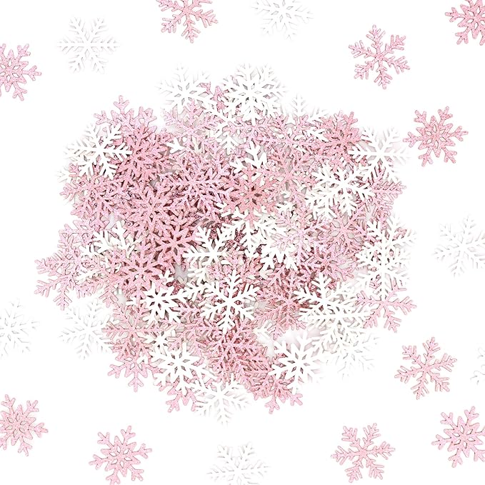 200PC Pink Glitter Snowflake Confetti Winter Onderland Decorations Paper Snowflakes Table Scatter for Winter Wonderland Birthday Baby Shower Party Decor