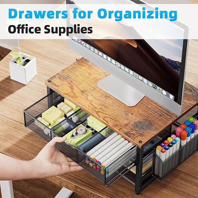 Marbrasse Wood Printer Stand for Desk, 2-Tier Desktop Printer Table for Home Office, Printer Stand with Storage Drawer 2 Pen Holders, Multi-Purpose Desk Organizer for Fax Machine Scanner(Wood Brown)