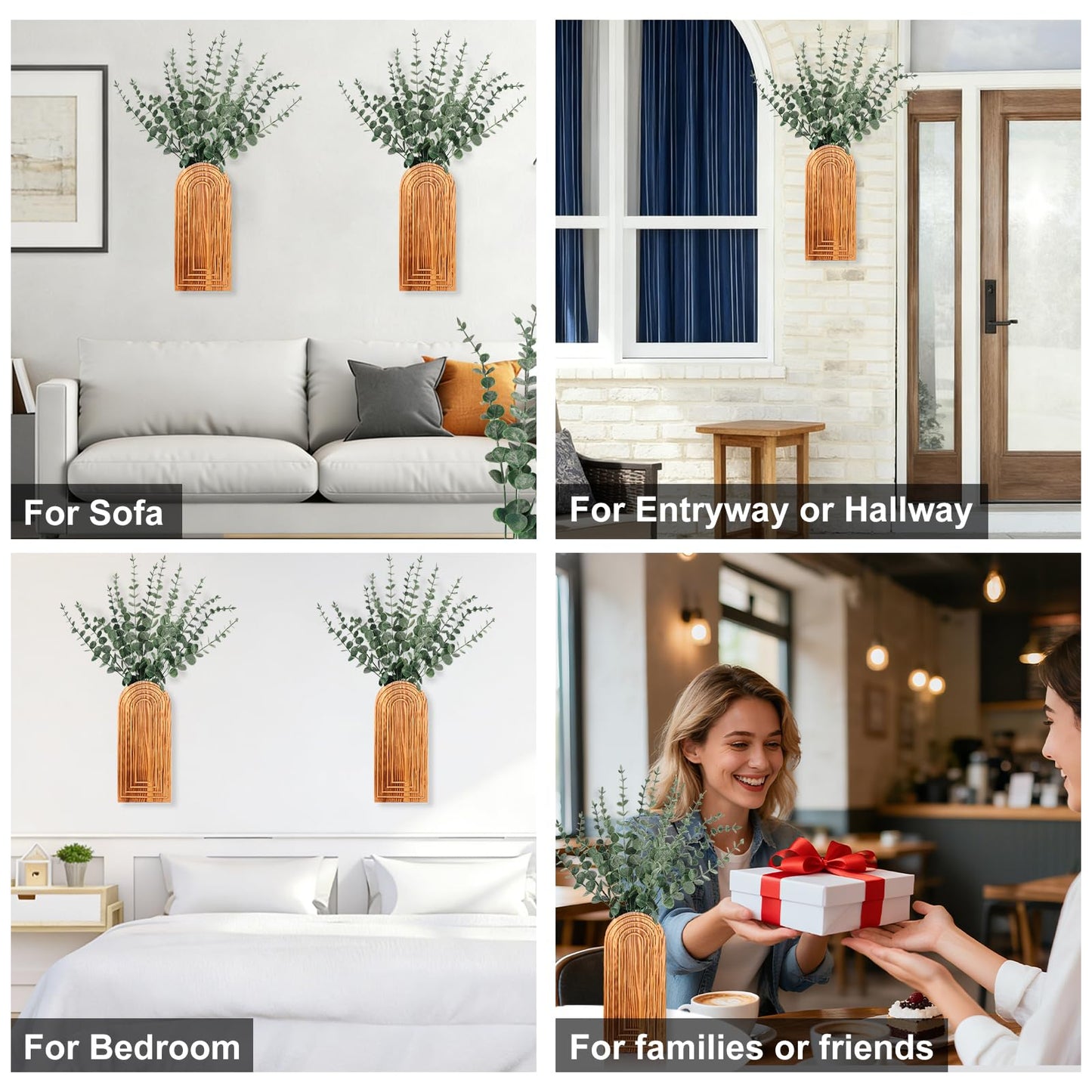 2 Pack Wood Wall Planter Vase Set with Artificial Eucalyptus,Wooden Wall Vase Modern Hanging Planters Boho Wall Mounted Indoor Planter Stand Holder for Living Room,Entryway,Hallway Decor(Light Brown)