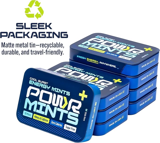 POWR Energy Mints - 24 Mints, 40mg of Caffeine Per Mint, Sugar Free, Zero Calories, No Aspartame - Pre-Workout, Cycling, Running, Endurance - Focus & Energy