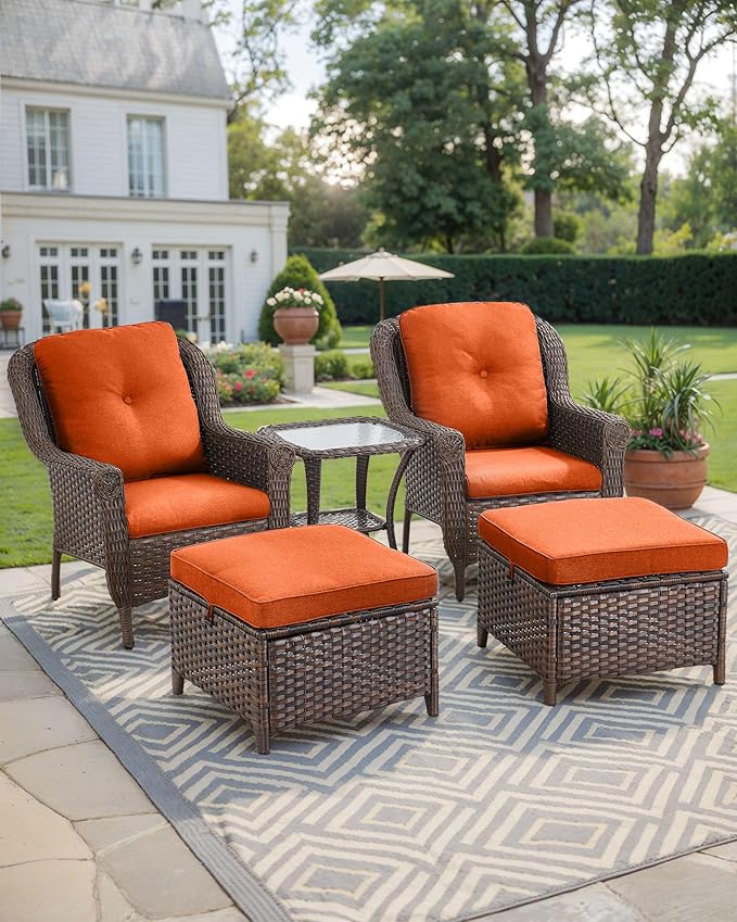 3 Piece Patio Brown Wicker Chairs with Side Table - Outdoor High Back Heavy Duty All-Weather Lawn Dining Rattan Chair Conversation Bistro Set for Deck Porch Balcony Backyard Garden - Orange