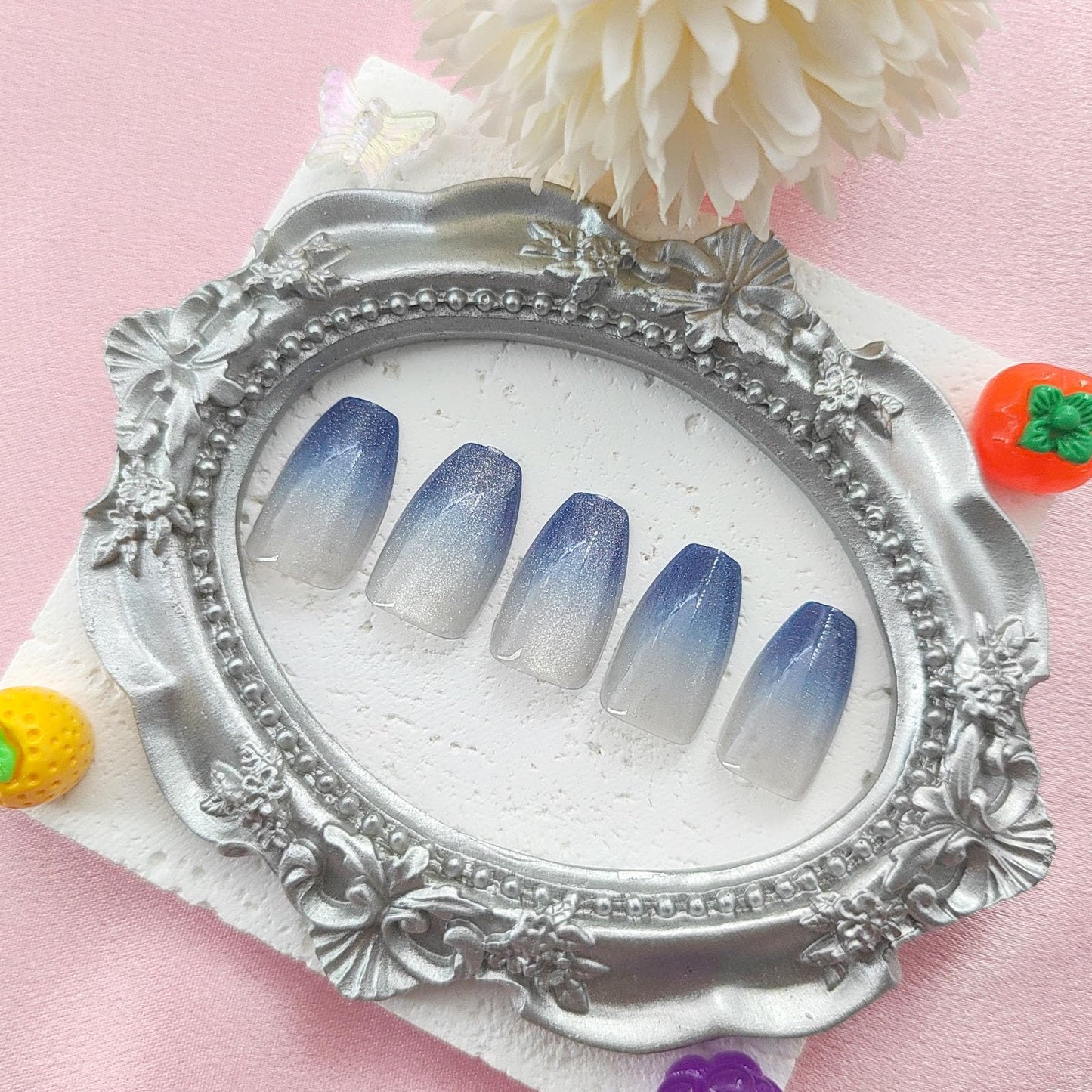 Blue Press on Nails Short Fake Nails Coffin Nails Press ons Cat Eyes Glue on Nails Ombre Acrylic Nails Summer False Nails Glossy Artificial Nails Cute Stick on Nails for Women 24Pcs