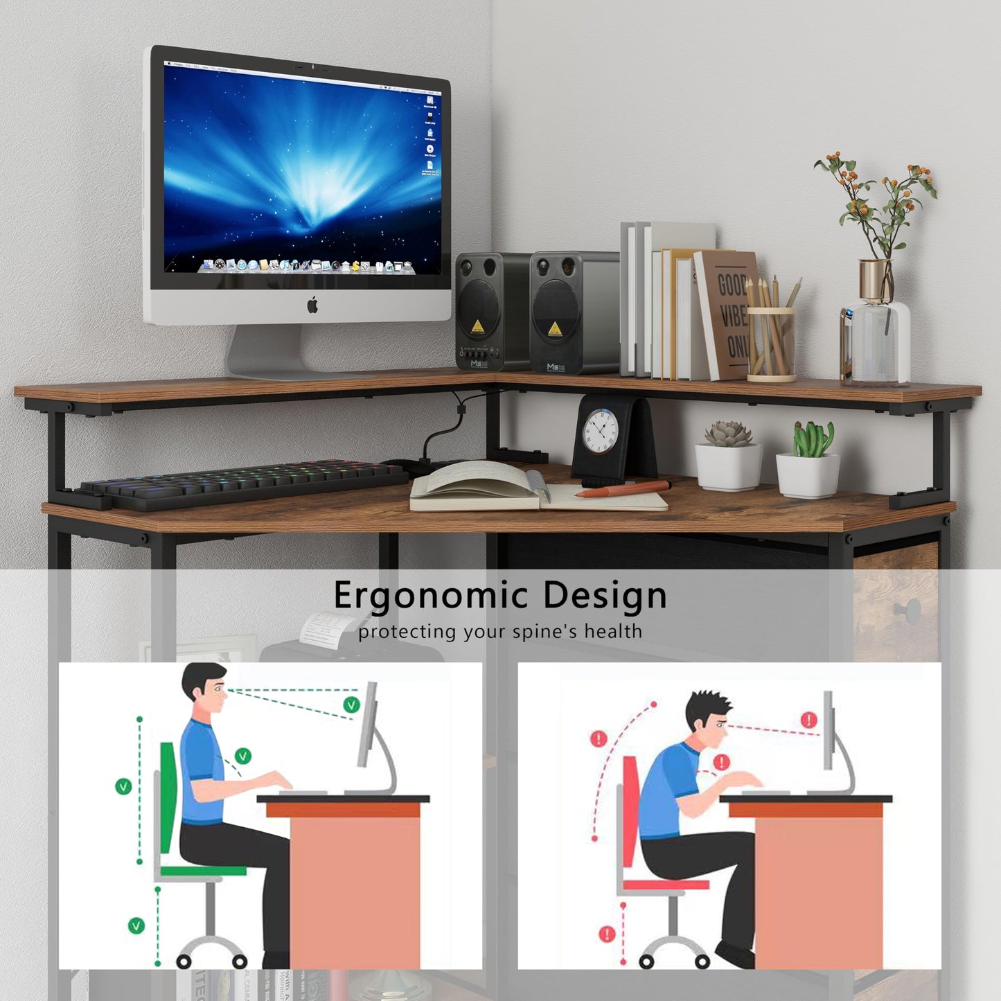 VENNQD Corner Desk with Drawers Shelves for Small Space 90 Degrees Triangle Computer Desk with Power Outlets,Gaming Desk with LED Lights Monitor Stand for Home Office Workstation Writing Table (Brown)