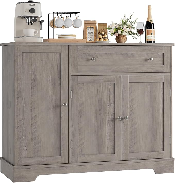 HOSTACK Buffet Cabinet with Storage, Modern Sideboard Buffet with Doors, Wood Coffee Bar Kitchen Storage Cabinet with Drawer and Adjustable Shelf for Kitchen, Dining Room, Living Room, Ash Grey