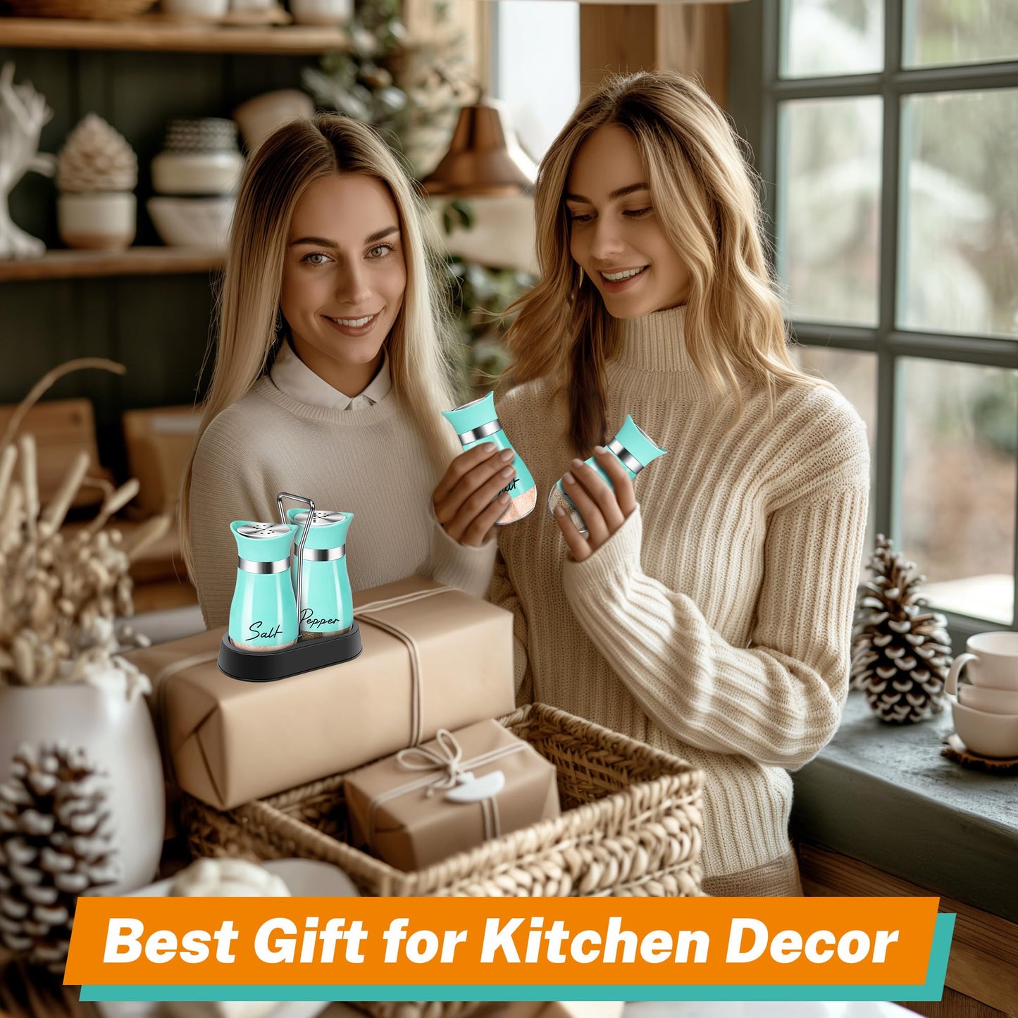 Teal Salt and Pepper Shakers Set with Holder,4 oz Turquoise Kitchen Decor and Accessories Farmhouse Gadgets Table Housewarming Gift Christmas Decor Refillable Design (Teal)