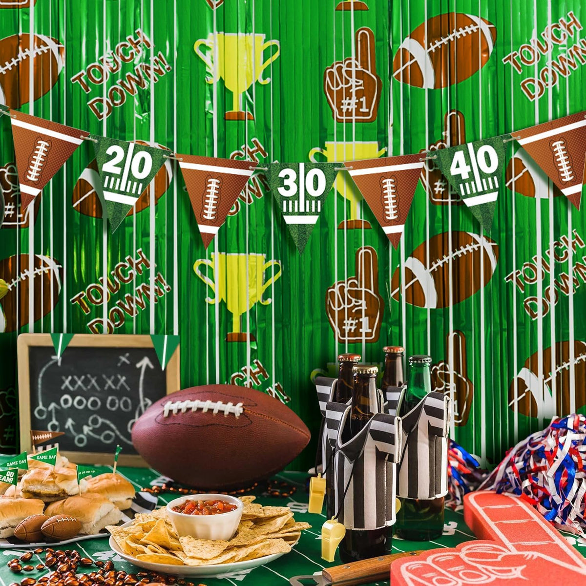 Football Party Decorations, 4 Pack Foil Fringe Curtains, Party Backdrop Streamers, Super Bowl Sunday Night Football Game Day Photo Booth Backdrops Superbowl Party Decorations