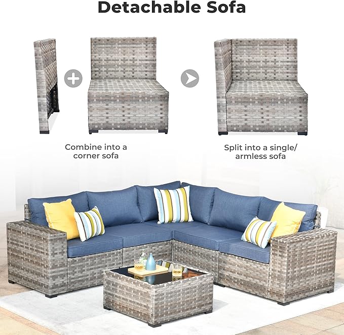 ovios 6 Pieces Patio Furniture Set, Outdoor Wicker Sectional Sofa with Glass Table Comfy Cushions, Modern Modular Deep Seat Couch Rattan Conversation Set, Denim Blue