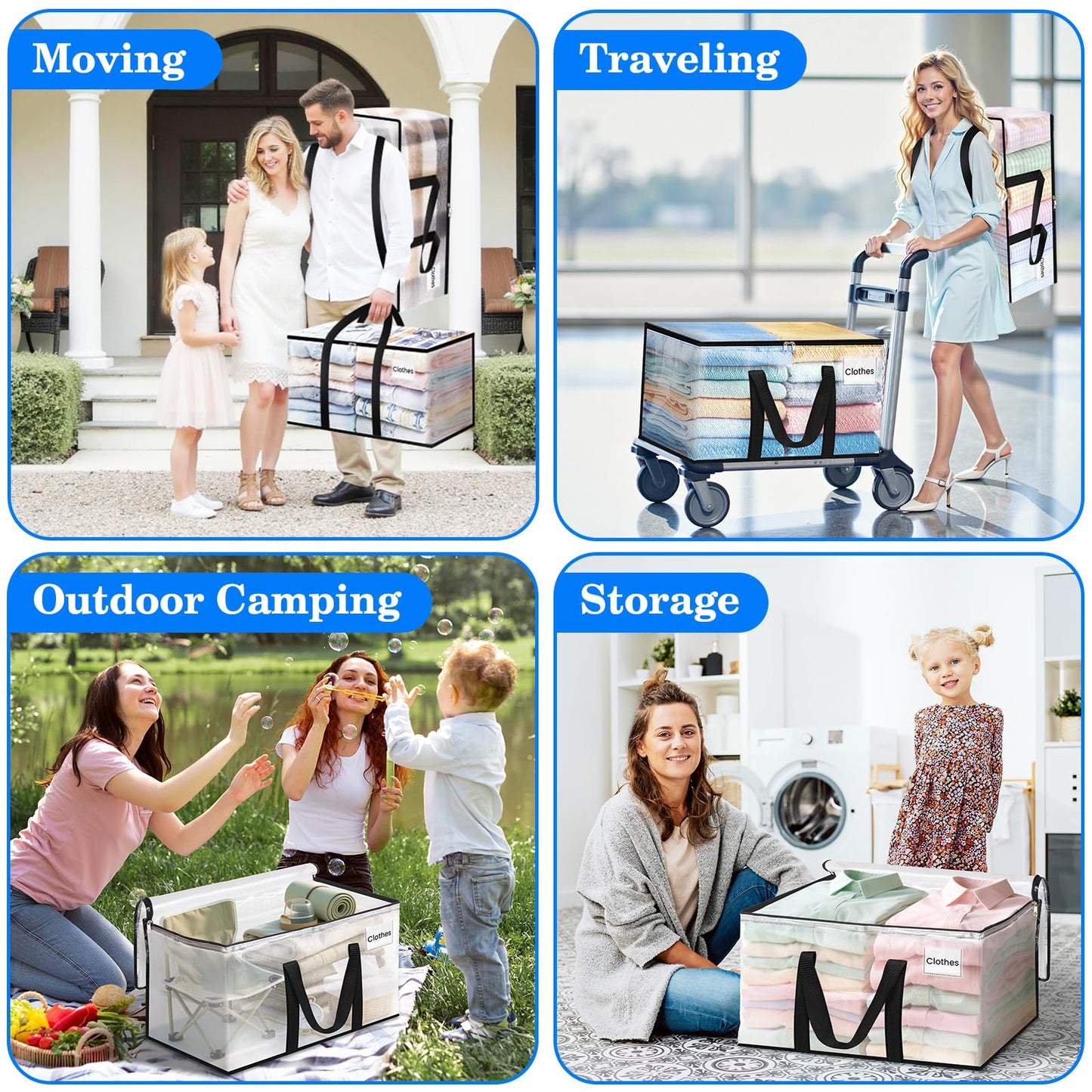 BlissTotes 4-Pack Large Moving Bags with Backpack Straps & Strong Zippers, Heavy-Duty Storage Bags Moving Boxes for Space Saving, Dorms, Transport, 125L-30 Gallons, Clear