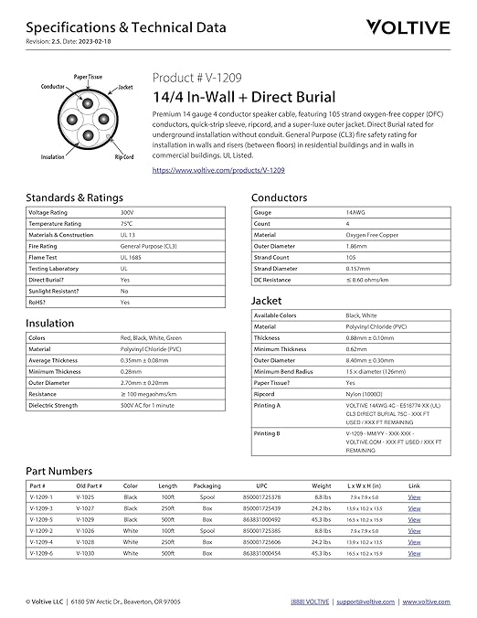 Voltive 14/4 Speaker Wire, in-Wall CL3 & Direct Burial, White, 500ft - 14AWG, 4 Conductors, Stranded Oxygen-Free Copper, UL Listed - V-1209-6