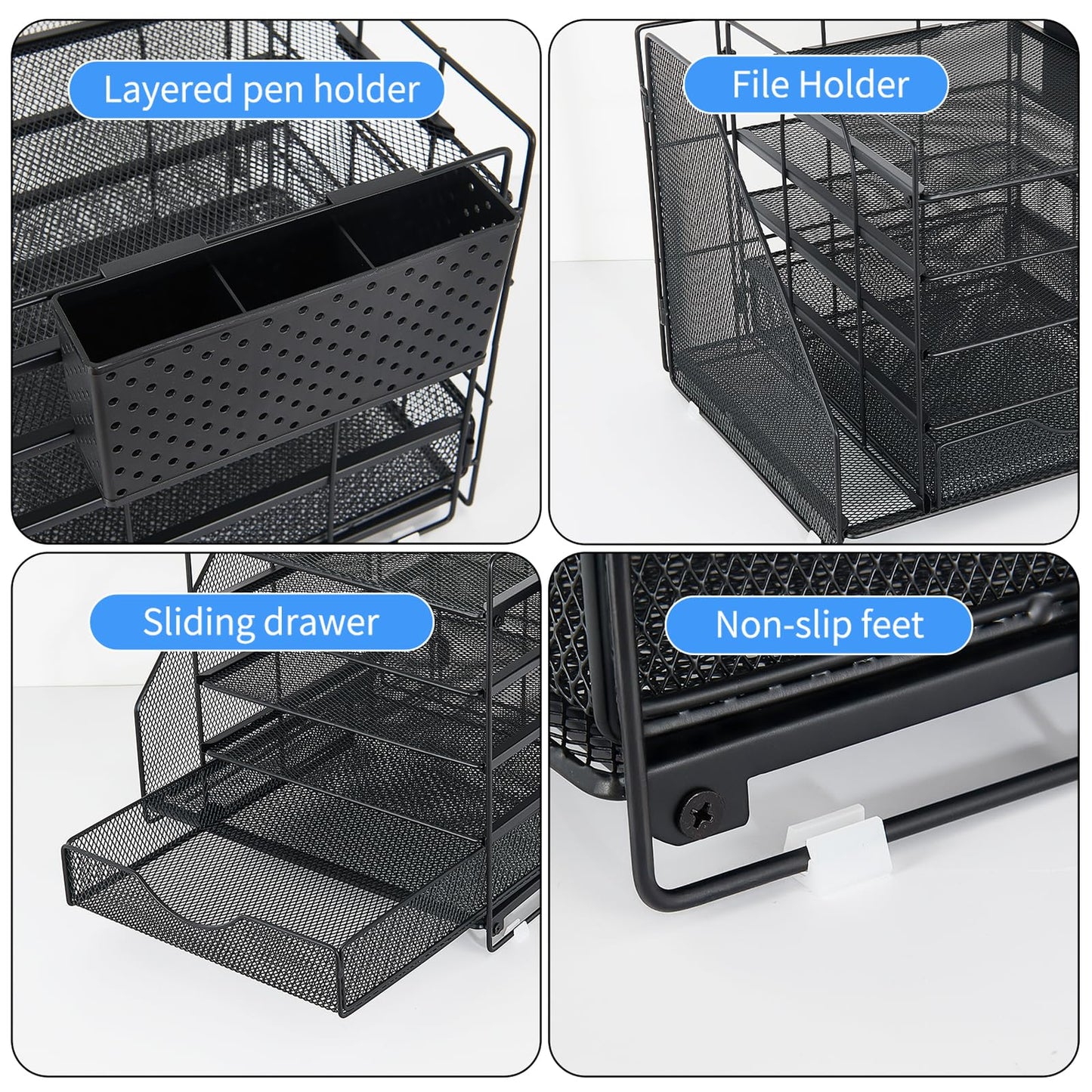 OUTIOE Desk Organizer with Drawer and Pen Holder, 5-Tier Paper Letter Tray Organizer with File Holder, Suitable for Workspace Organizer Office Supplies Storage (Black)