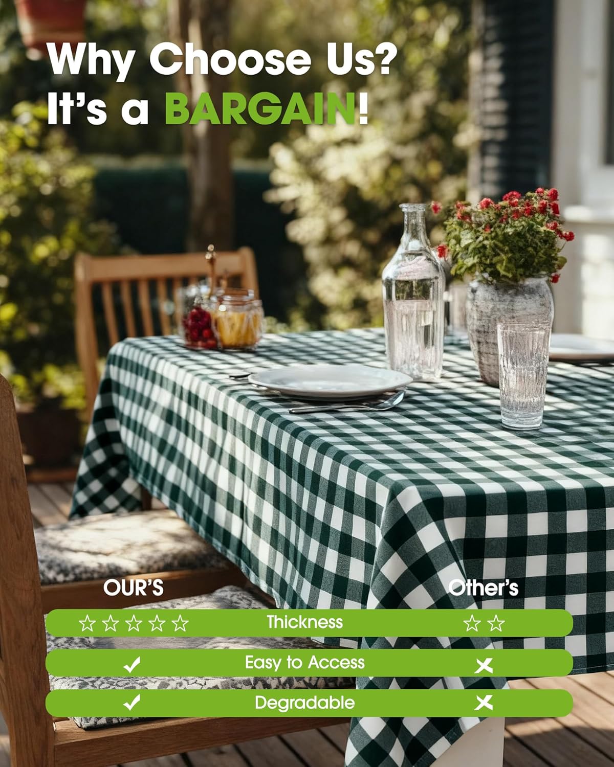 Pureegg Plastic Table Cloth Disposable 10 Pack, 54 x 108 Inch Table Cloths, Party, Picnic, Decorative Gingham Tablecloths, Rectangle, Green and White Checkered Cover, Leakproof & Sturdy, Green Plaid