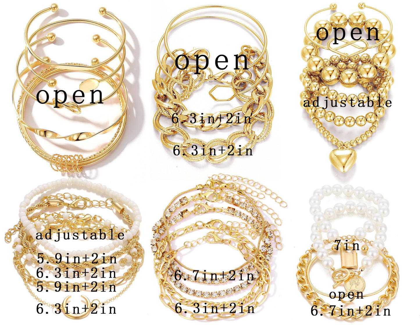IFKM 6 PACK (28 PCS) Gold Chain Bracelets Set for Women, 14K Gold Plated Multiple Layered Stackable Open Cuff Bangle Bracelet Anklet Adjustable Link Tennis Beads Italian Cuban Jewelry for Women Gift