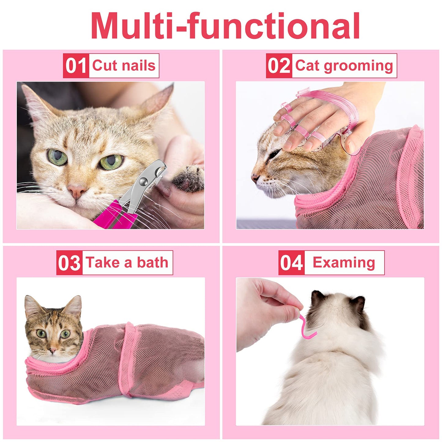 Patelai 5 Pcs Cat Bathing Bag Set Cat Grooming Bag Adjustable Pet Shower Net Muzzles Nail Clipper Tick Remover Tool Massage Brush(Pink)