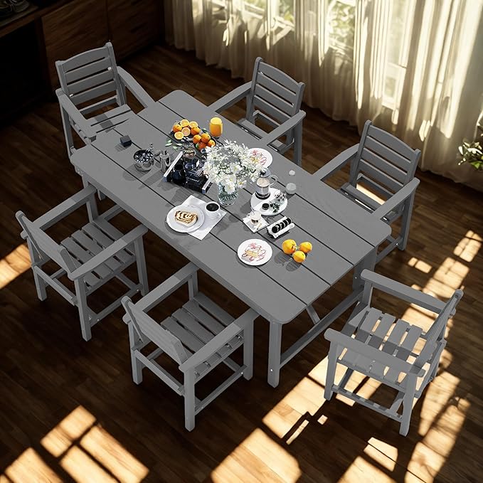 7 Piece Patio Dining Set with 11ft Patio Umbrella (Teal), 7 Gray Outdoor HDPE Dining Set with 6 Chairs + 1 Large Table, for Market, Pool, Garden, Backyard, Deck