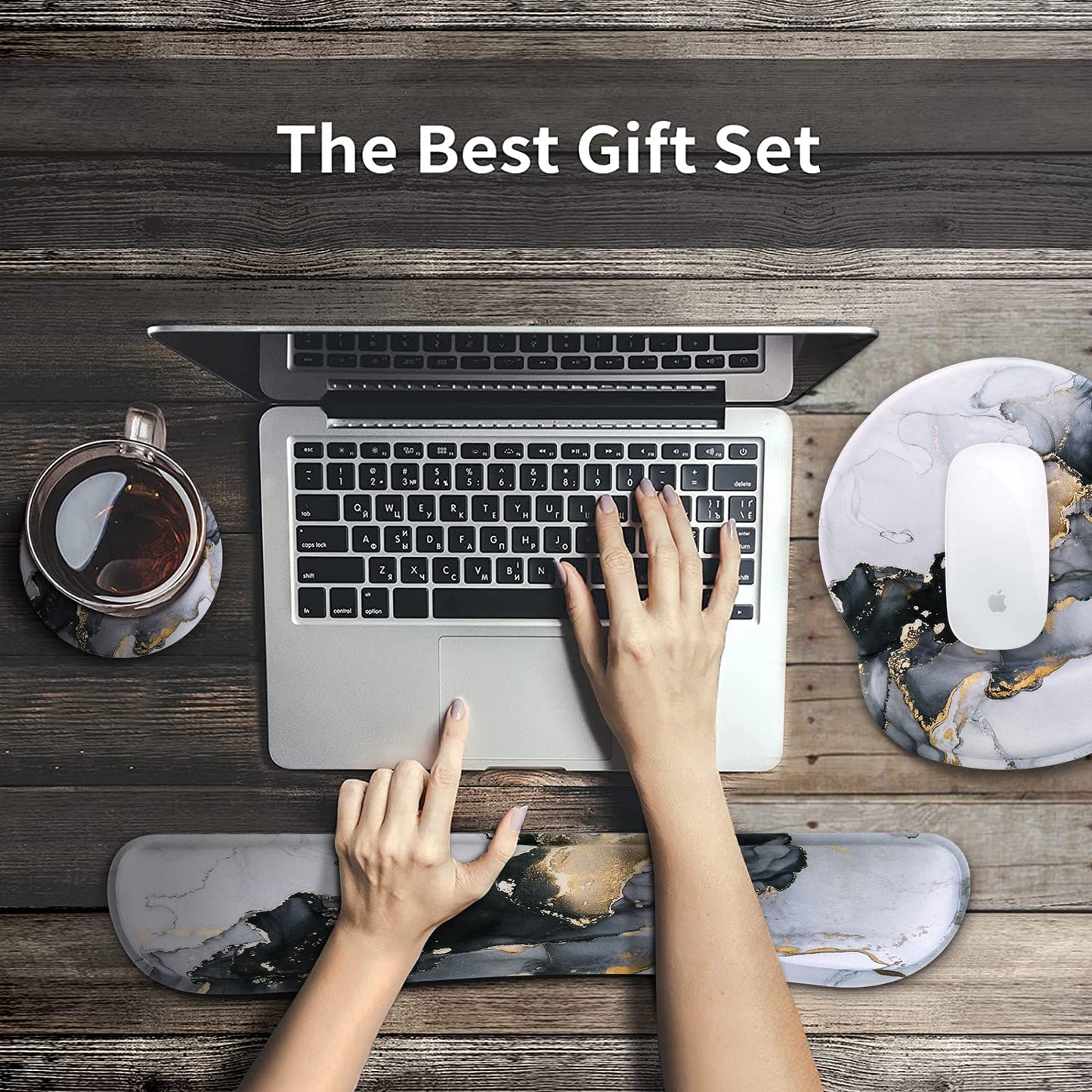iCasso Desk Mat, Gaming Mouse Pad Wrist Support Set,4in1 XXL Large Mousepad + Keyboard Wrist Rest+Mouse Wrist Rest+Coaster Set with Ergonomic Design for Home Office Table Computer-Grey Ink Marble