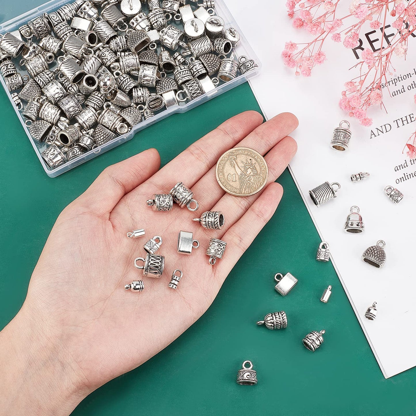 PH PandaHall Cord End Cap, 140pcs 14 Styles Alloy Glue in End Caps Leather Cord End Cap Bead Tube Barrel Loop Clasp for Tassels Earring Bracelet Jewelry DIY Craft Making, Antique Silver