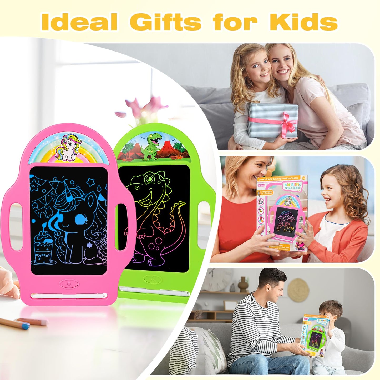 2 Pack 8.5 Inch LCD Writing Tablet for Kids 2-6, Dinosaur & Unicorn Doodle Board with Handle, Travel Car Toy for Twins Siblings, Educational Gift for Boys Girls