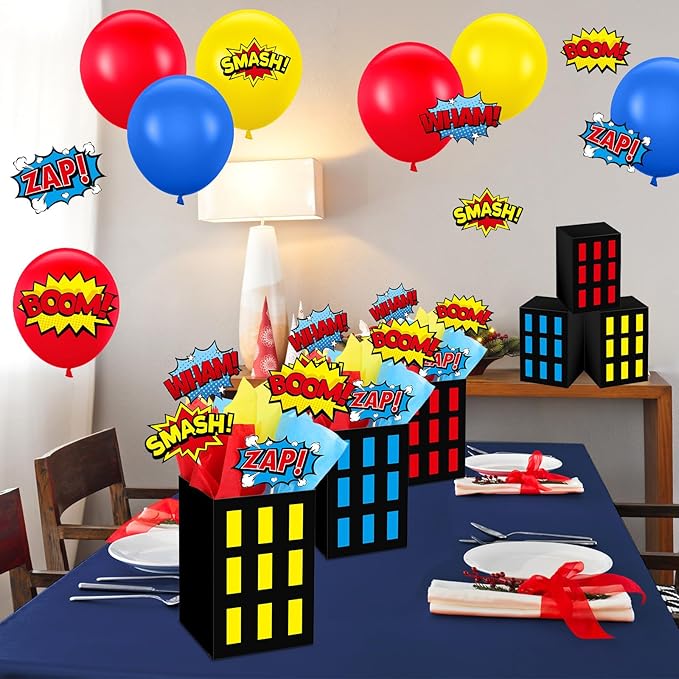 4 Sets Hero Theme Party Decoration Hero Boxes Centerpiece (7.9 x 5.1 x 5.1 Inch) Sticks with Tissue Paper Standing Cards Birthday Baby Shower Party Supplies (Red,Yellow,Blue)