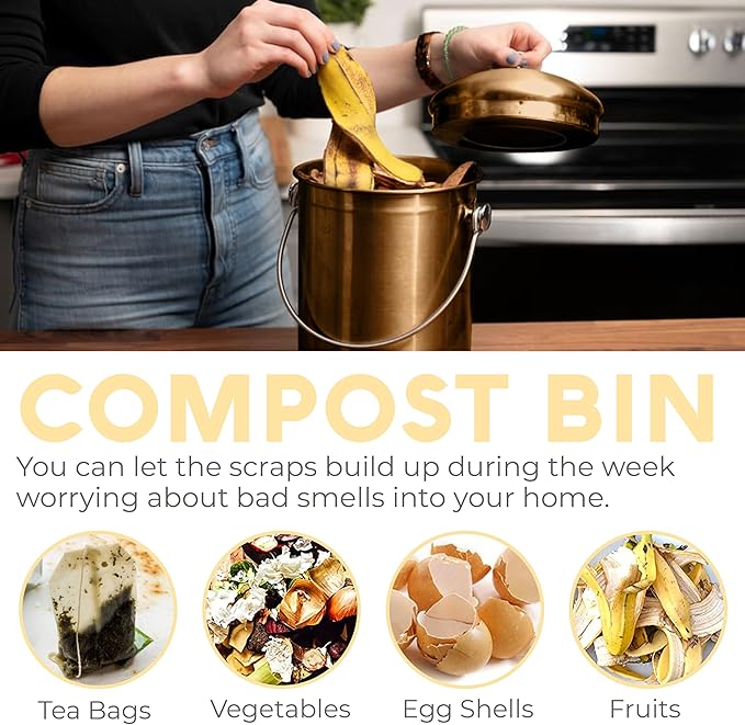 EPICA Countertop Compost Bin Kitchen | 1.3 Gallon | Odorless Composting Bin with Carbon Filters | Indoor Compost Bin with Lid | Stainless Steel Kitchen Composter for Food Scraps & Waste Recycling