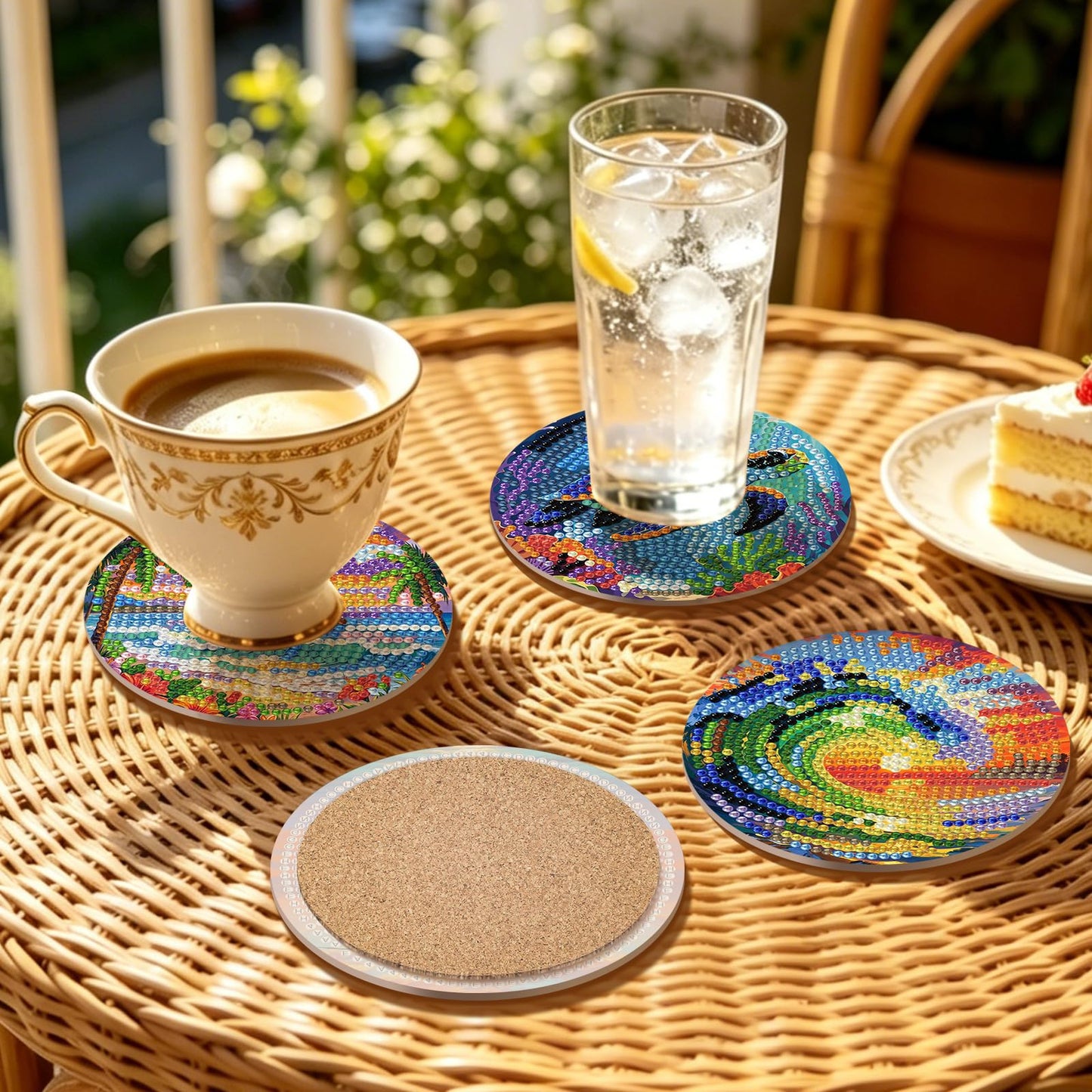8 Pcs Beach Diamond Art Coasters Kit with Holder for Adults, DIY Diamond Painting Coasters with Cork Backing, Non-Slip Ocean Gem Art Coaster for Home Decor & Gifts