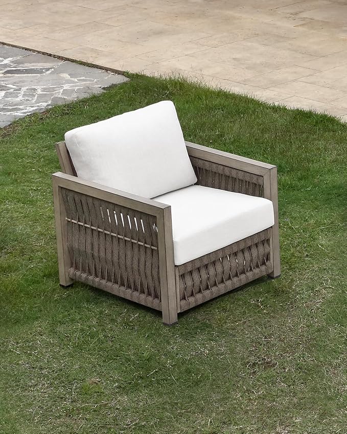 Patio Chair, Outdoor Aluminum Chair with Thick Washable Cushions, Rope Weave Outdoor Armchair Furniture Patio Sofa Armchair, Deep Seating Outside Furniture for Garden, Porch, Balcony, Gray Oak