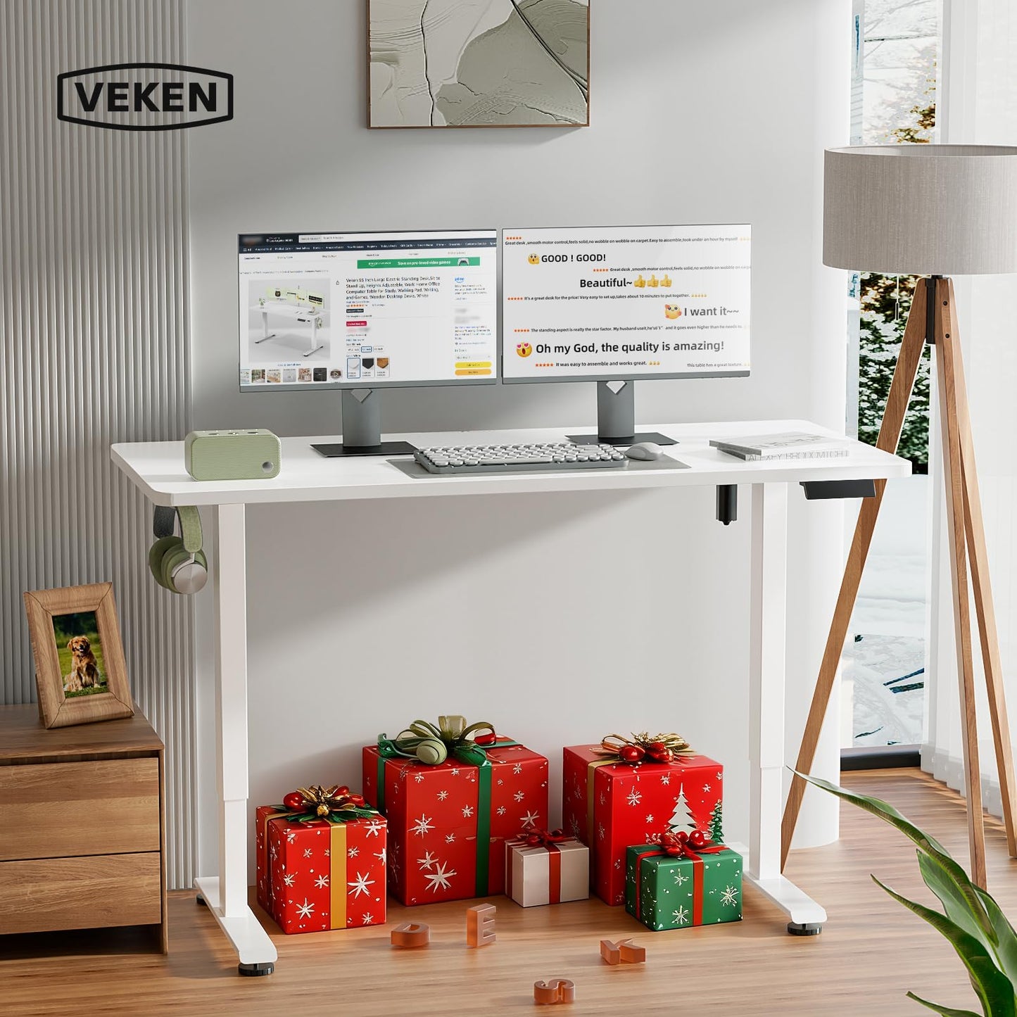 Veken 55 Inch Large Electric Standing Desk,Sit to Stand Up, Heights Adjustable, Work Home Office Computer Table for Study, Walking Pad, Writing, and Games, Wooden Desktop Desks, White