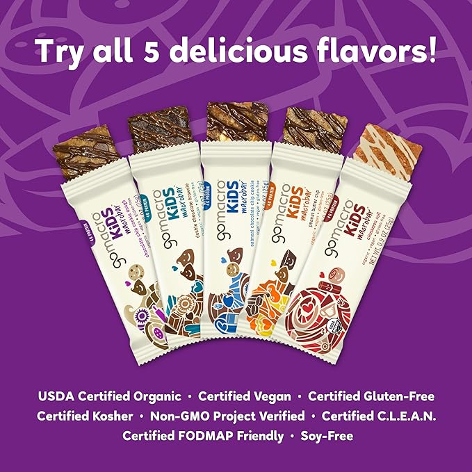 GoMacro Kids MacroBar Organic Vegan Snack Bars - Chocolate Chip Cookie Dough (0.90 Ounce Bars, 7 Count) (Pack of 2)