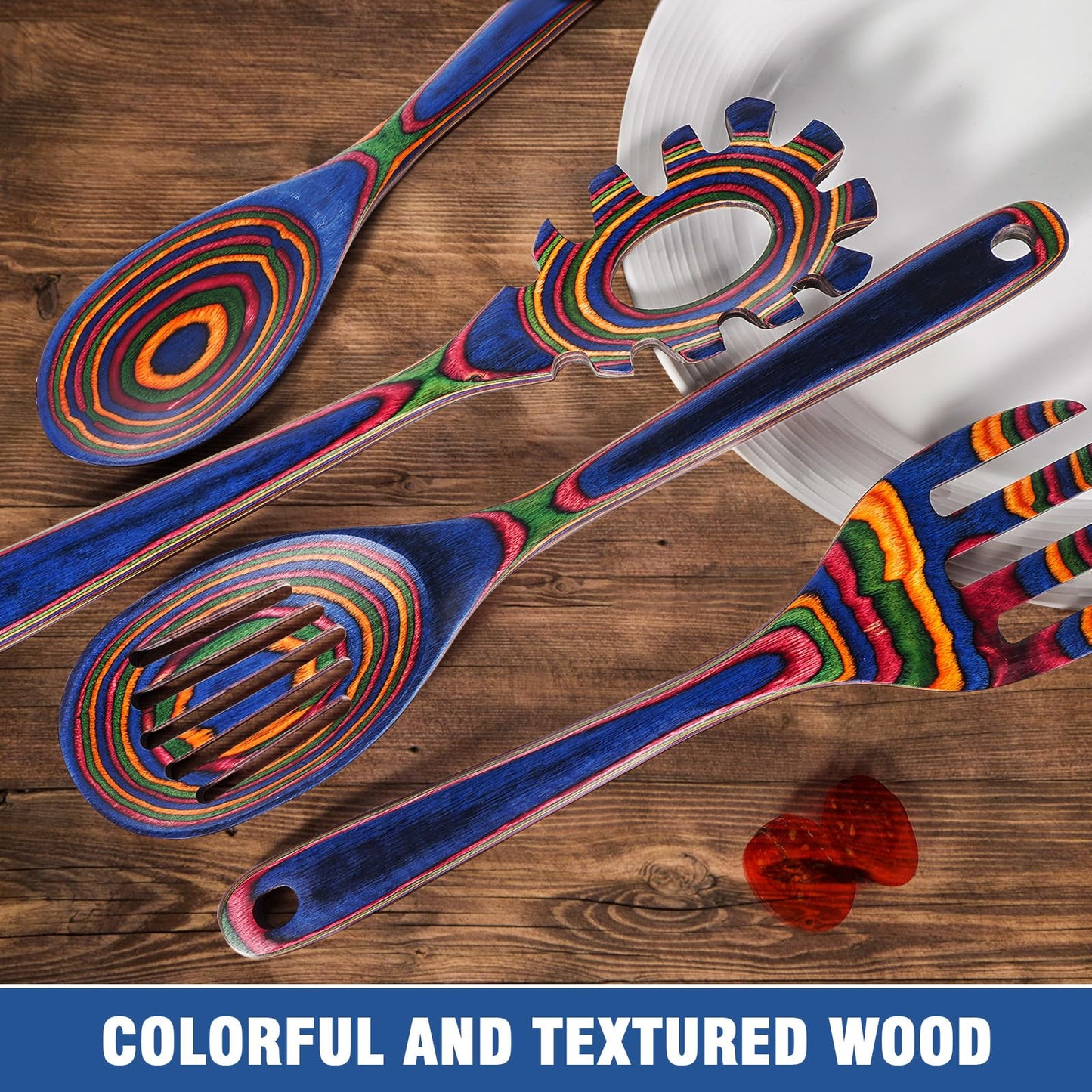 MYRAINBOW Wooden Spoons for Cooking – 7 Piece Pakkawood Kitchen Utensils Set with Spatulas, Spoons, Ladles, and Turner for Mixing, Serving & Cooking