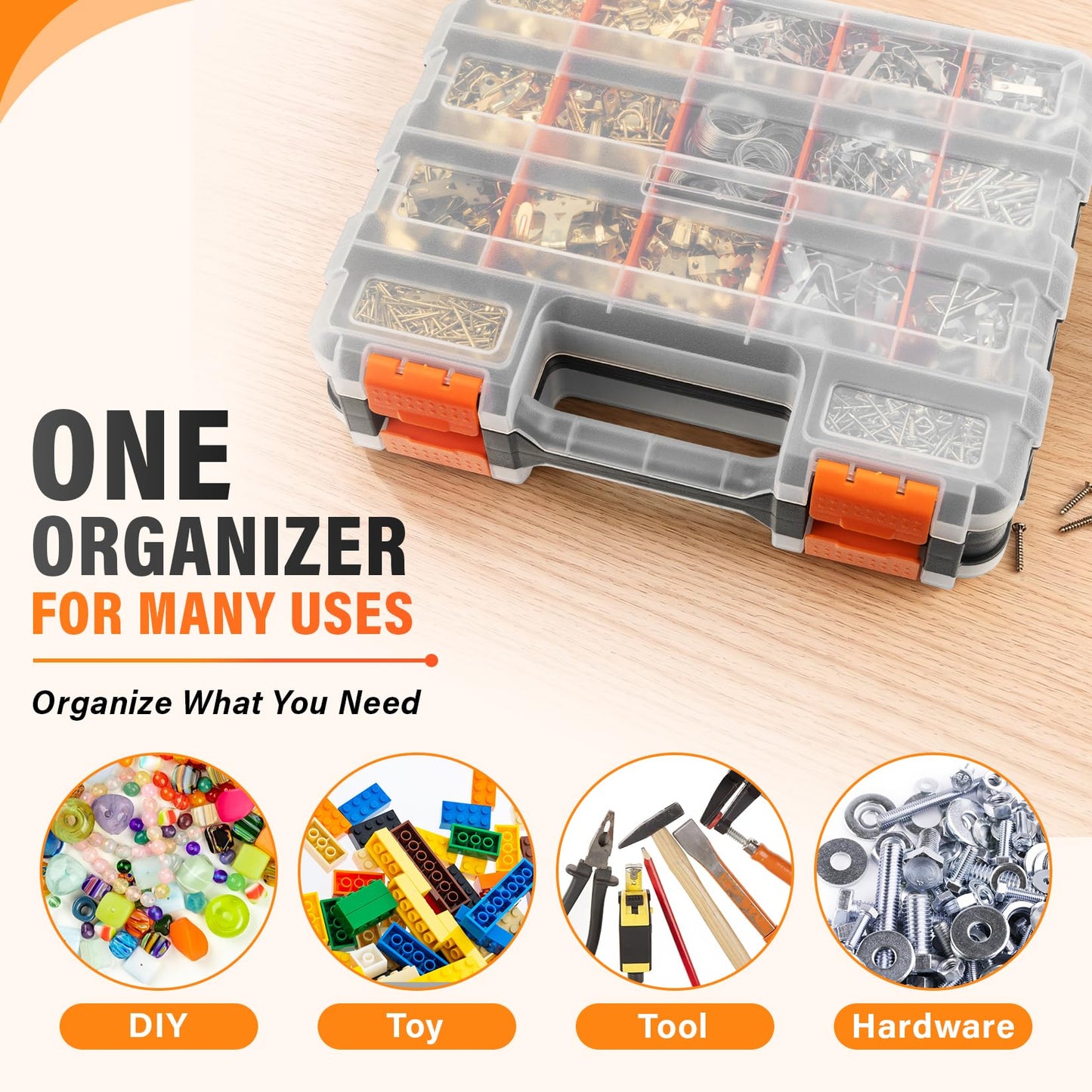 DIYSELF Tool Box, Double-Sided 34-Compartment Tool Organizer, Small Parts Organizer with Adjustable Space, Clear-Lid Small Storage Box for Hardware, Crafts, Beads, Jewelry and Fishing Accessories