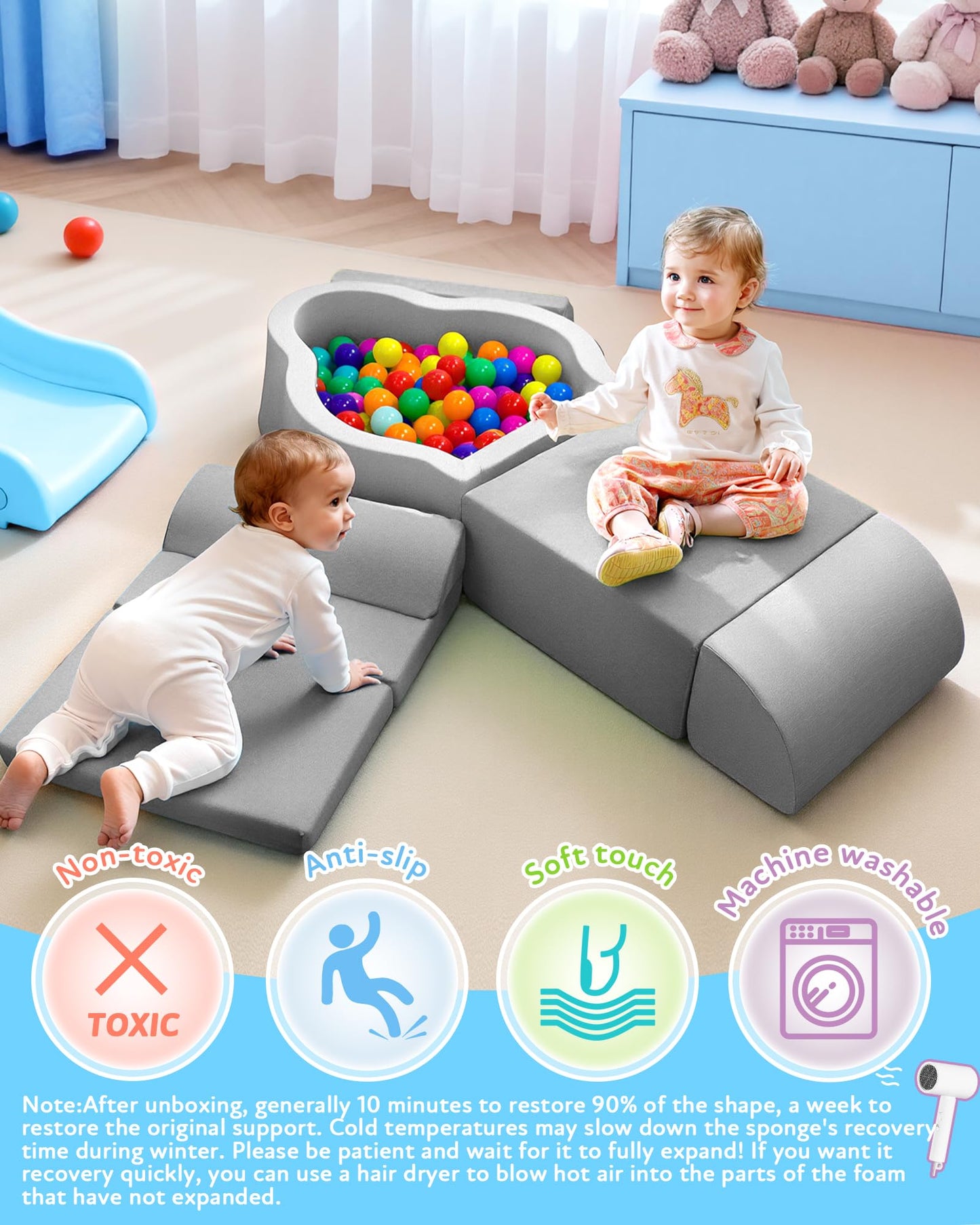 Markdang Soft Play Set, Baby Foam Climbing Blocks with Anti-Slip Particles Bottom & Velcro Connectors for Toddlers 6-12 Months, High-Density Foam & Washable Cover for Motor Skills Development (Grey)