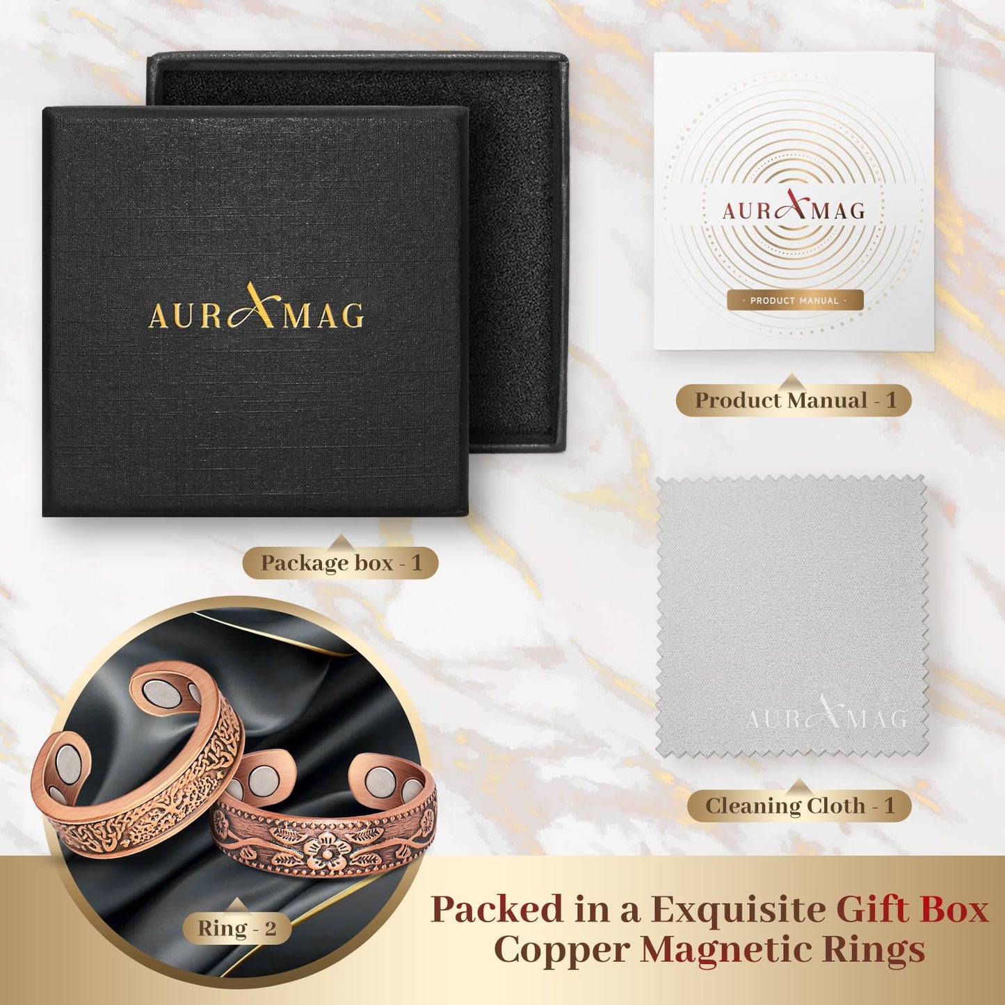 Auramag Copper Rings for Women, Magnetic Rings with 3500 Gauss Magnets, Adjustable, 100% Pure Copper, Lymphatic Drainage, Tree of Life & Plum Blossom Design