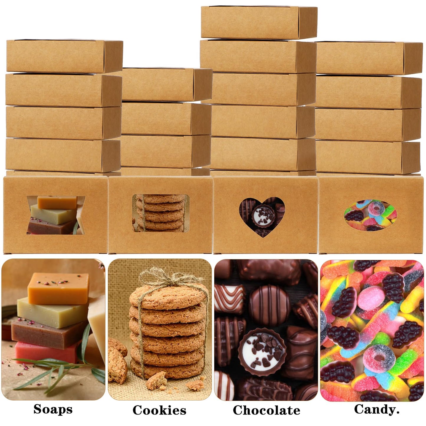 Douaowoc 100 Pcs Soap Boxes for Homemade Soap Boxes Packaging with Clear Windows Brown 3.9 x 2.8 x 1.2 Inch Empty, Making Supplies, Present Treat Gift Box for Bakery Party Favor
