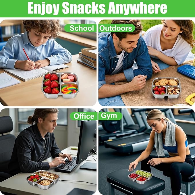 Palksky Snackle Box Container Stainless Steel, 2Pack Reusable Snack Bento Box with Lids, 3 Compartments Metal Food Storage Containers for Picnic, Travel