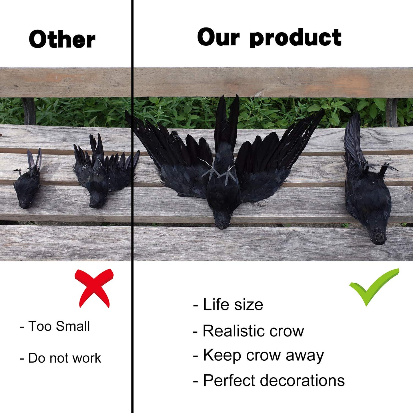 Etistta 2-Pack Realistic Crows Lifesize Extra Large Handmade Black Feathered Crow for Halloween Decorations Birds, L (13 inch+12 inch)