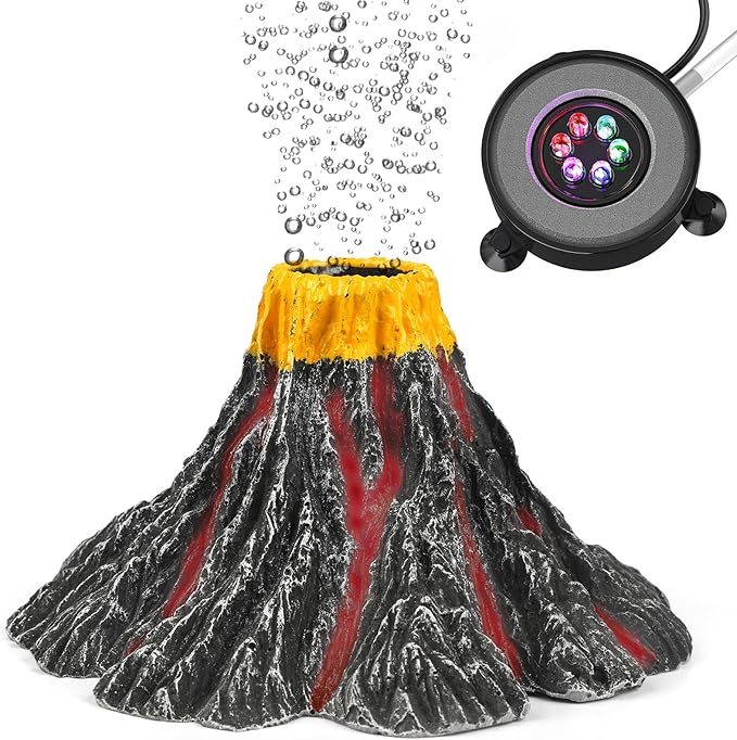 Uniclife Fish Tank Decorations, Realistic Resin Aquarium Volcano Decorations with Colorful LED Air Stone Bubbler, Volcano Bubbler Kit for Fish Tank Decor, Aquarium Decor with Bubbling Effect